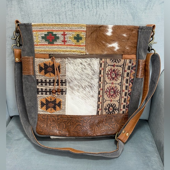 Myra Bag Handbags - Myra Bag Patchwork Leather Cowhide and SaddleBlanket Tapestry Western Crossbody